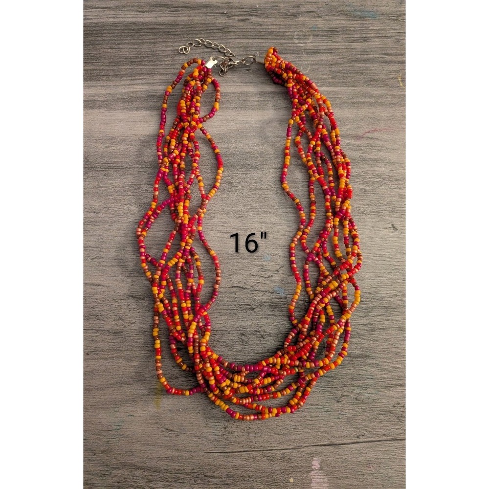 Boho Multi Strand Seed Bead Necklace Sunset Red Orange Yellow Layered Statement
